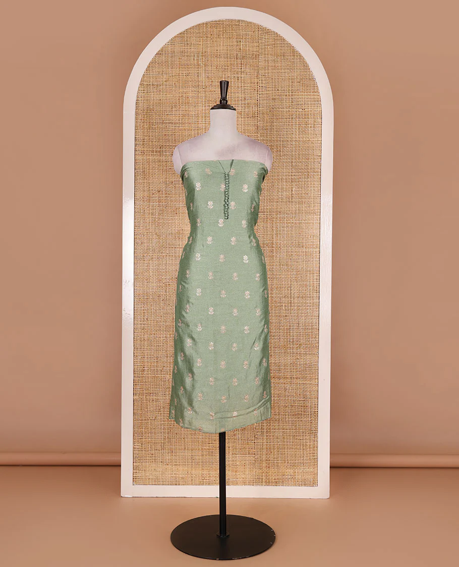 Pista green Vichitra silk material churidar set, floral motifs embroidered top, contrast Santoon bottom, and floral vine thread embroidered scallop dupatta - Image 4