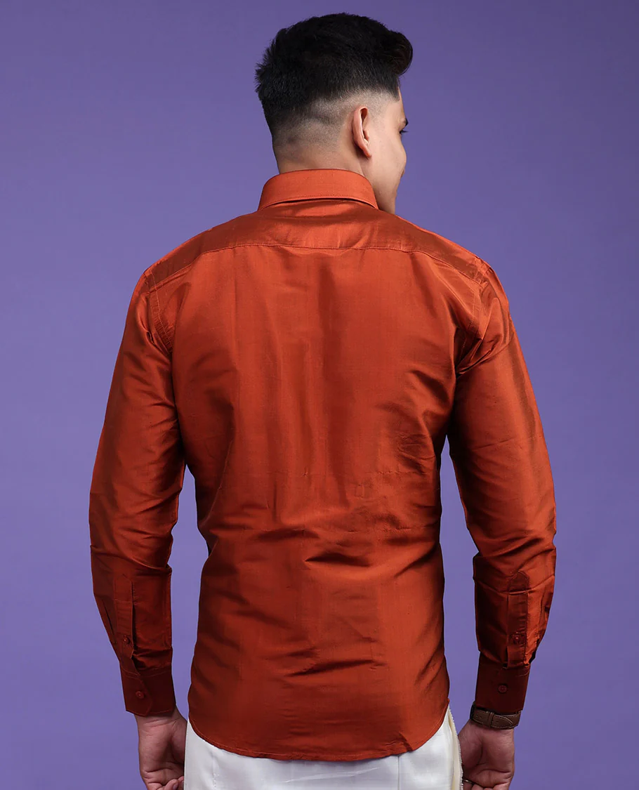 Orange plain design full-sleeve pure-silk shirt - Image 12