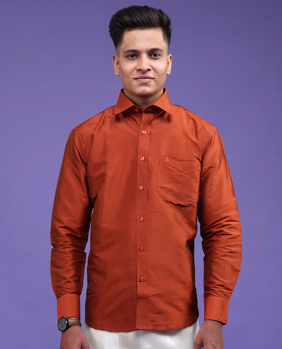 Orange plain design full-sleeve pure-silk shirt - Image 13