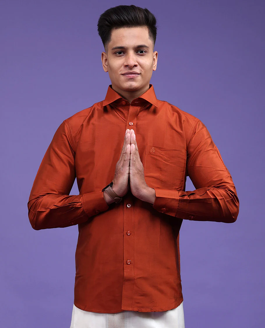 Orange plain design full-sleeve pure-silk shirt - Image 15