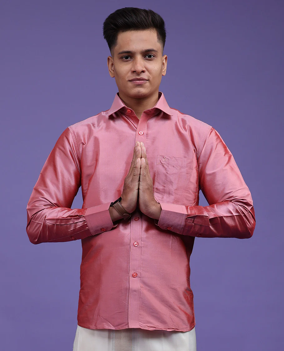 Pink plain design full-sleeve pure-silk shirt - Image 21