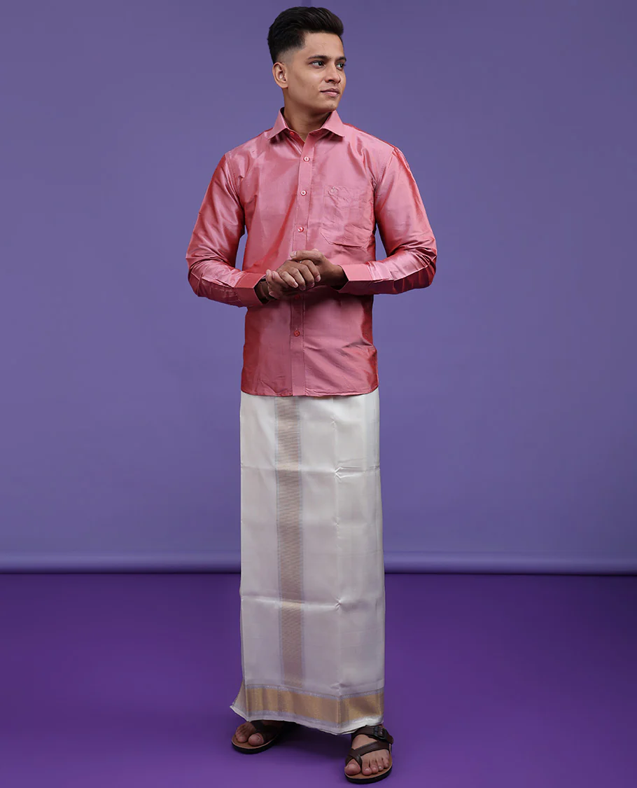 Pink plain design full-sleeve pure-silk shirt - Image 4