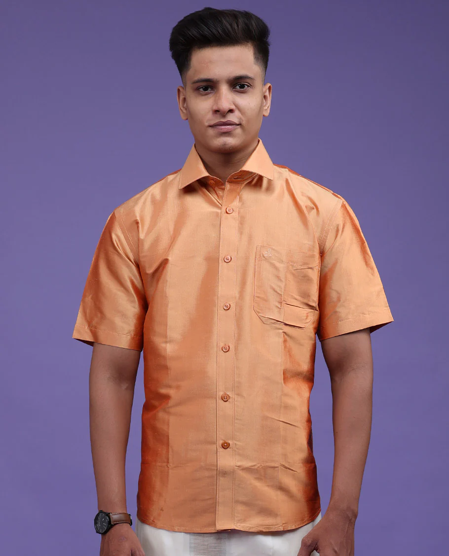 Marigold orange plain design half-sleeve pure-silk shirt - Image 13
