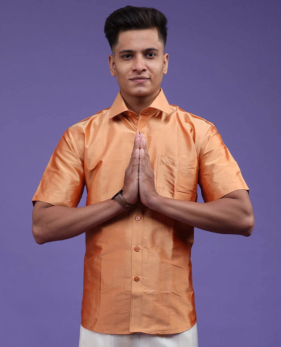 Marigold orange plain design half-sleeve pure-silk shirt - Image 15