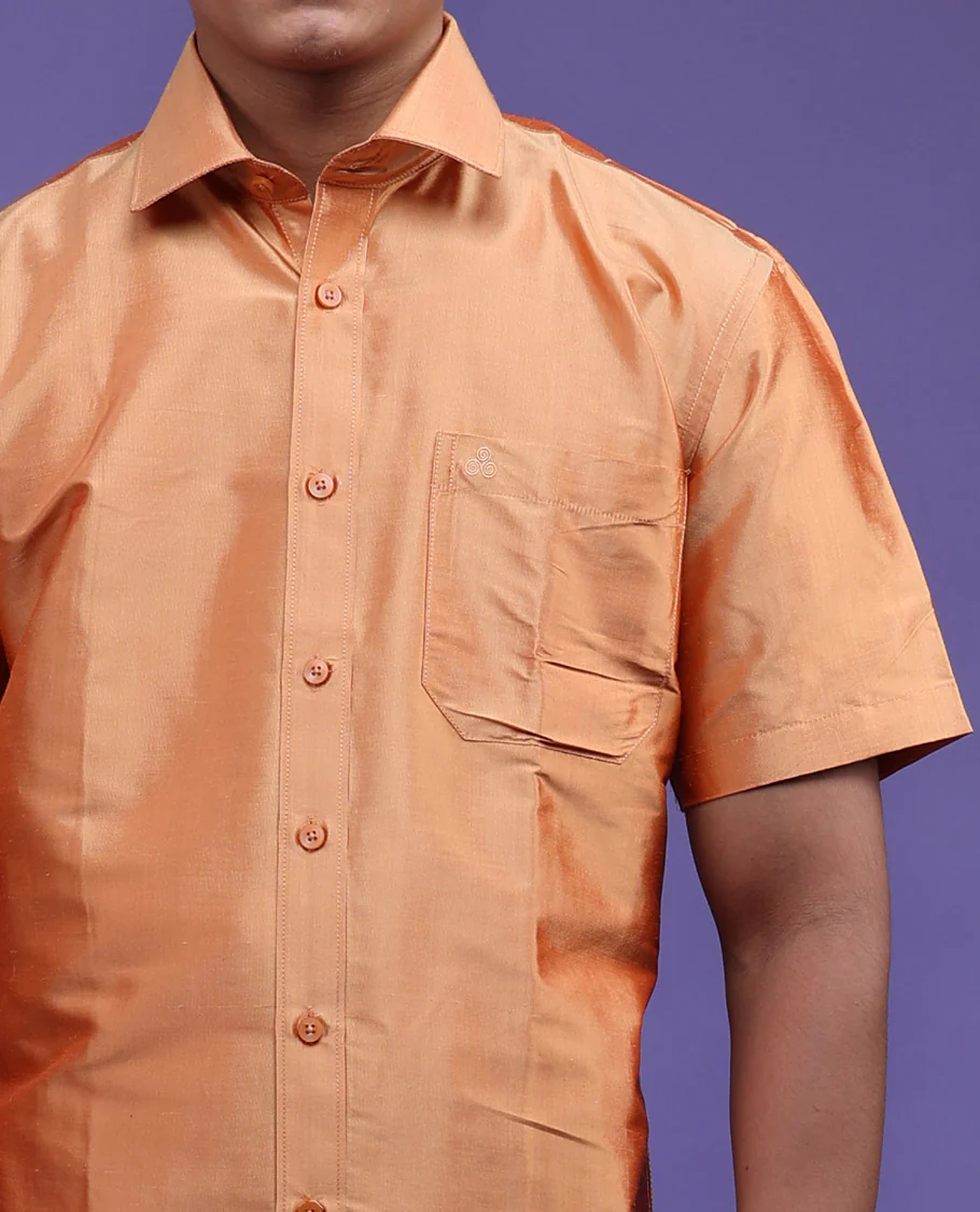Marigold orange plain design half-sleeve pure-silk shirt - Image 2