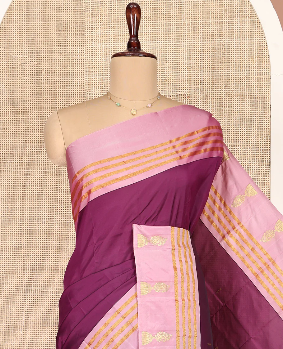 Purple Aarani Gift Saree, Decked Up with Zari Buttas on Its Body, Complemented by a Contrast Border of Zari Stripes and Jhumka Buttas, Contrast Striped Pallu, and Paired with a Contrast Blouse - Image 2