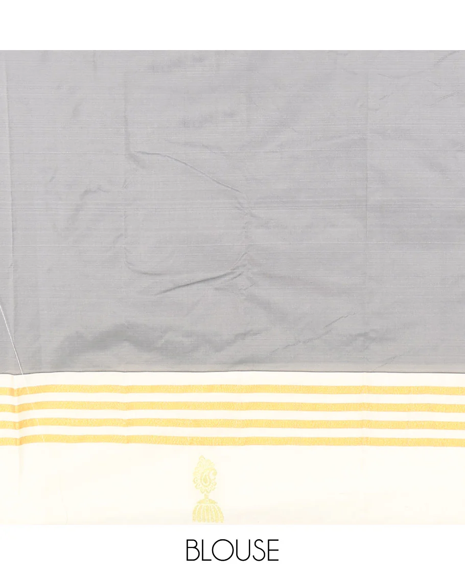 Purple Aarani Gift Saree, Decked Up with Zari Buttas on Its Body, Complemented by a Contrast Border of Zari Stripes and Jhumka Buttas, Contrast Striped Pallu, and Paired with a Contrast Blouse - Image 3