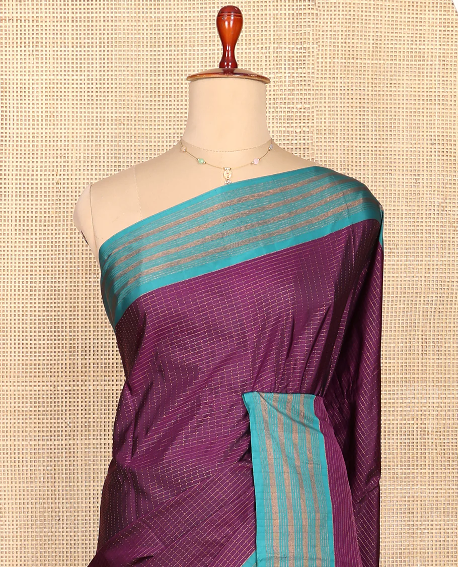 Purple Aarani Silk Saree, Enriched with Micro-Checked Design All Over Its Body, Complemented by a Contrast Zari Striped Border, Pallu of Stripes, and Paired with a Matching Blouse - Image 2