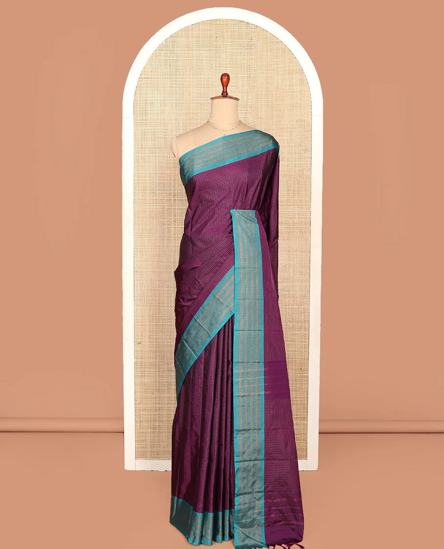 Purple Aarani Silk Saree, Enriched with Micro-Checked Design All Over Its Body, Complemented by a Contrast Zari Striped Border, Pallu of Stripes, and Paired with a Matching Blouse - Image 3