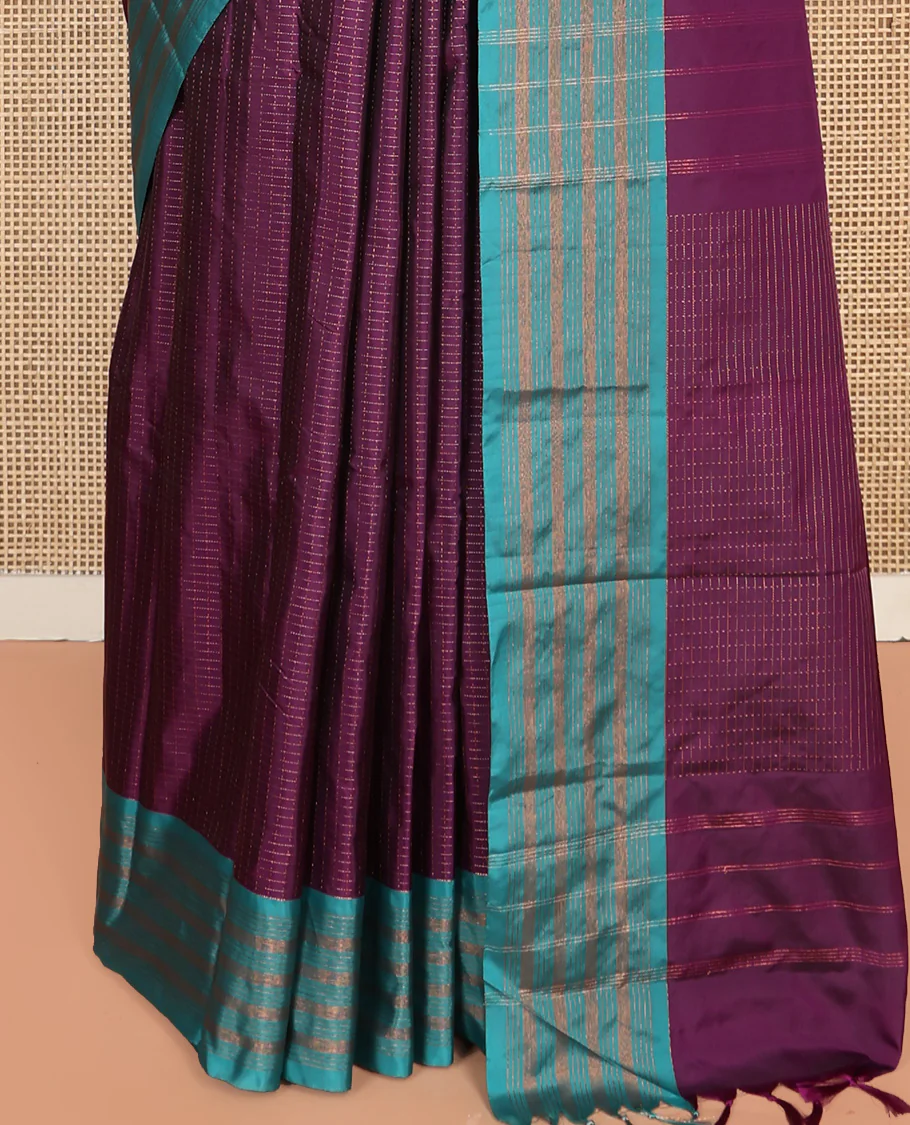 Purple Aarani Silk Saree, Enriched with Micro-Checked Design All Over Its Body, Complemented by a Contrast Zari Striped Border, Pallu of Stripes, and Paired with a Matching Blouse - Image 4