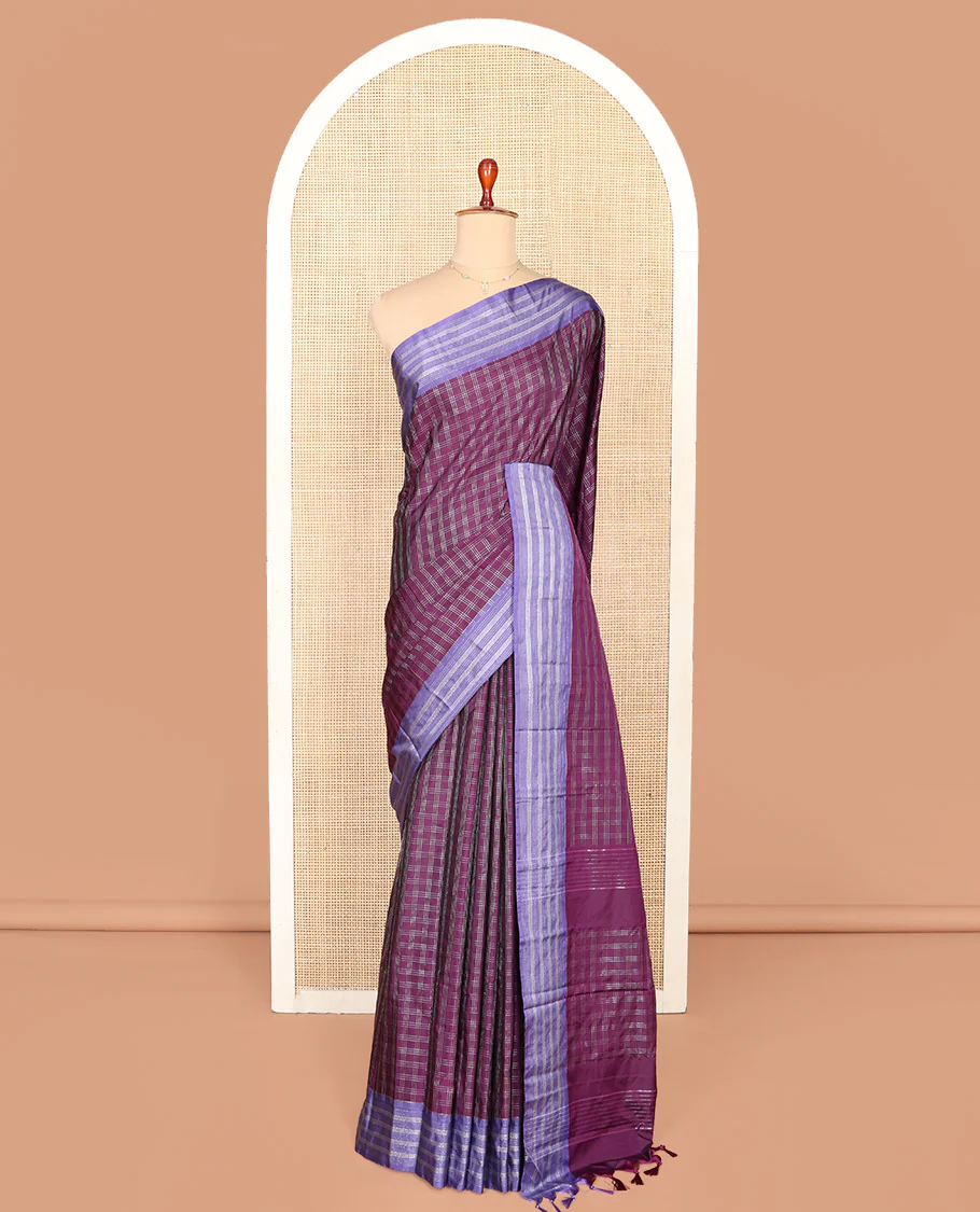 Purple Aarani Silk Saree, Woven with Checked Design on Its Body, Complemented by a Contrast Striped Border, Pallu of Checked Design, and Paired with a Matching Blouse - Image 3