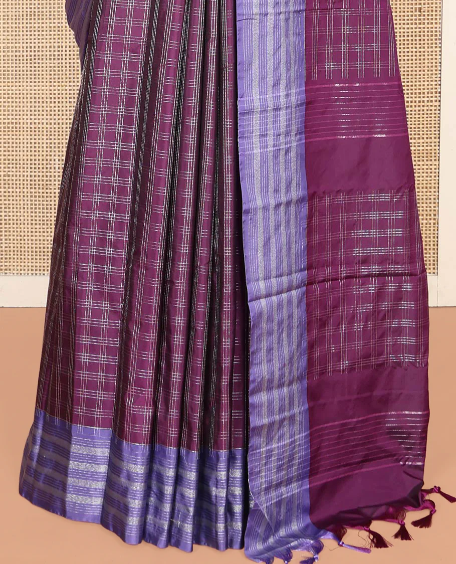 Purple Aarani Silk Saree, Woven with Checked Design on Its Body, Complemented by a Contrast Striped Border, Pallu of Checked Design, and Paired with a Matching Blouse - Image 4