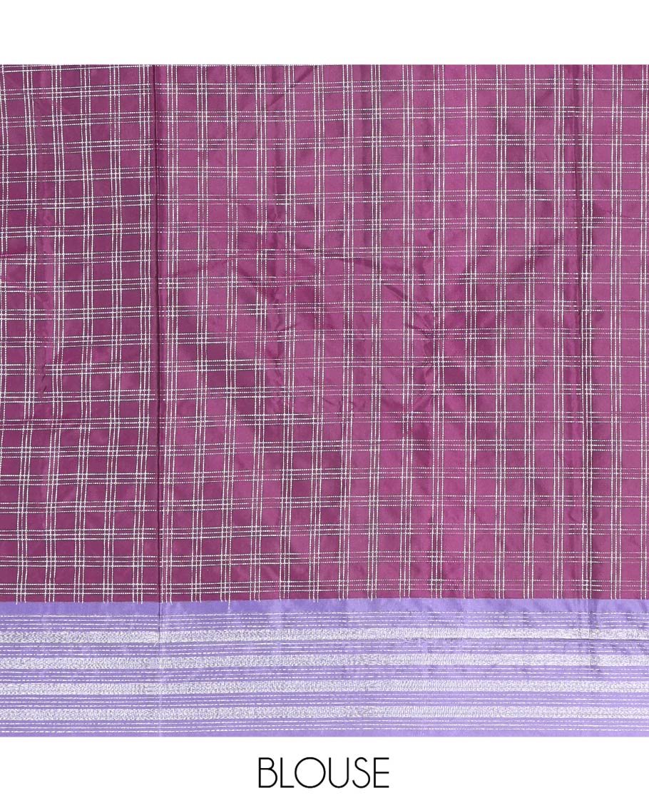 Purple Aarani Silk Saree, Woven with Checked Design on Its Body, Complemented by a Contrast Striped Border, Pallu of Checked Design, and Paired with a Matching Blouse - Image 5