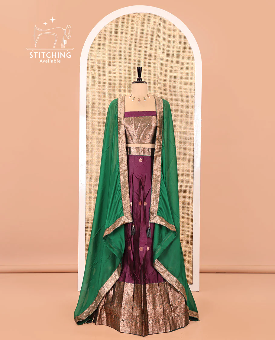 Purple and Green Semi-Banarasi Half-Saree, Elevated with Zari Buttas on Its Skirt, Complemented by a Contrast Traditional Zari-Design Border, Paired with a Matching Blouse, and a Contrast Satin Georgette Zari-Bordered Dhavani - Image 2