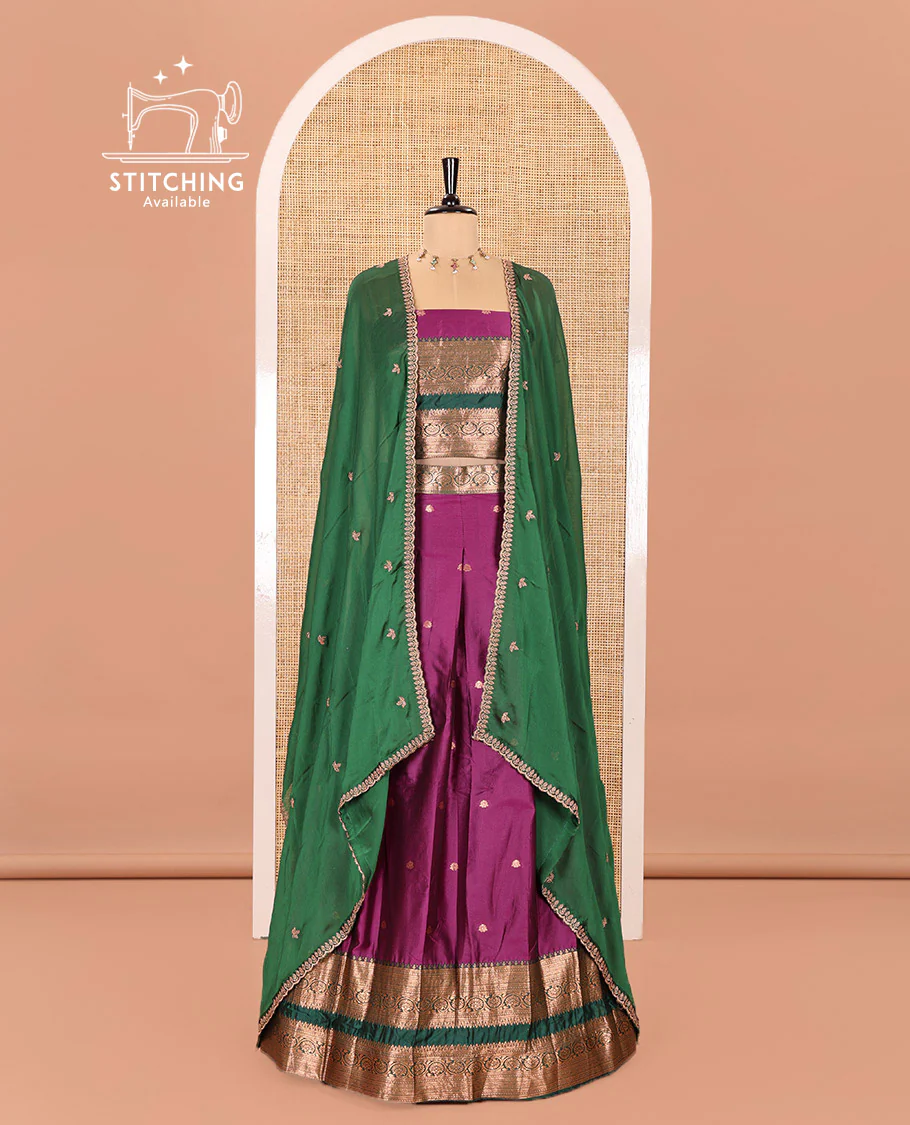 Purple and Green Semi-Banarasi Half-Saree Featuring Zari Buttas Skirt, Complemented by Contrast Rettai Pettu, Traditional Border of Floral Creeper Designs, Paired with a Matching Blouse, and a Satin Georgette Embroidered Scallop Dhavani - Image 2