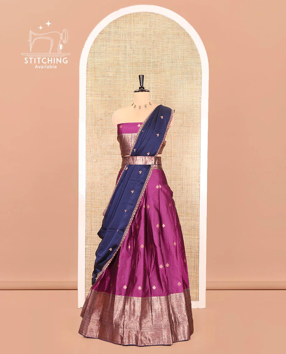 Purple and Navy Blue Semi-Banarasi Half-Saree, Bedecked with Zari Buttas on Its Skirt, Complemented by a Contrast Traditional Zari Designs Woven Border, Paired with a Matching Blouse, and a Contrast Satin Georgette Embroidered Scallop Dhavani - Image 3