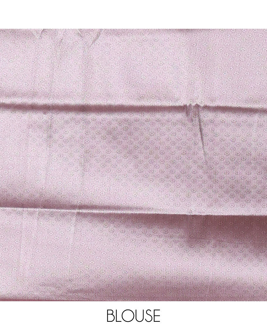 Purple and Sandal Tissue Saree, Highlighted by Jacquard Design and Floral Printed on Its Body, Complemented by Contrast Traditional Motifs Print, Pallu Steeped with Floral Motifs, and Paired with a Contrast Blouse - Image 3