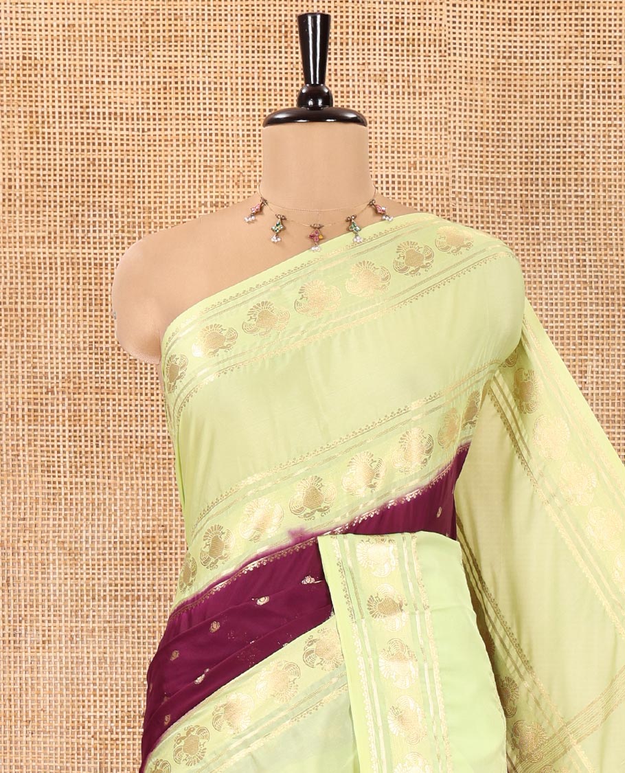 Purple Art Mysore Silk Saree, Accentuated with Zari Buttas All Over Its Body, Complemented by a Contrast Rettai Pettu Border of Two-Headed Eagle Designs, Pallu Steeped with Buttas and Stripes, and Paired with a Contrast Blouse - Image 2