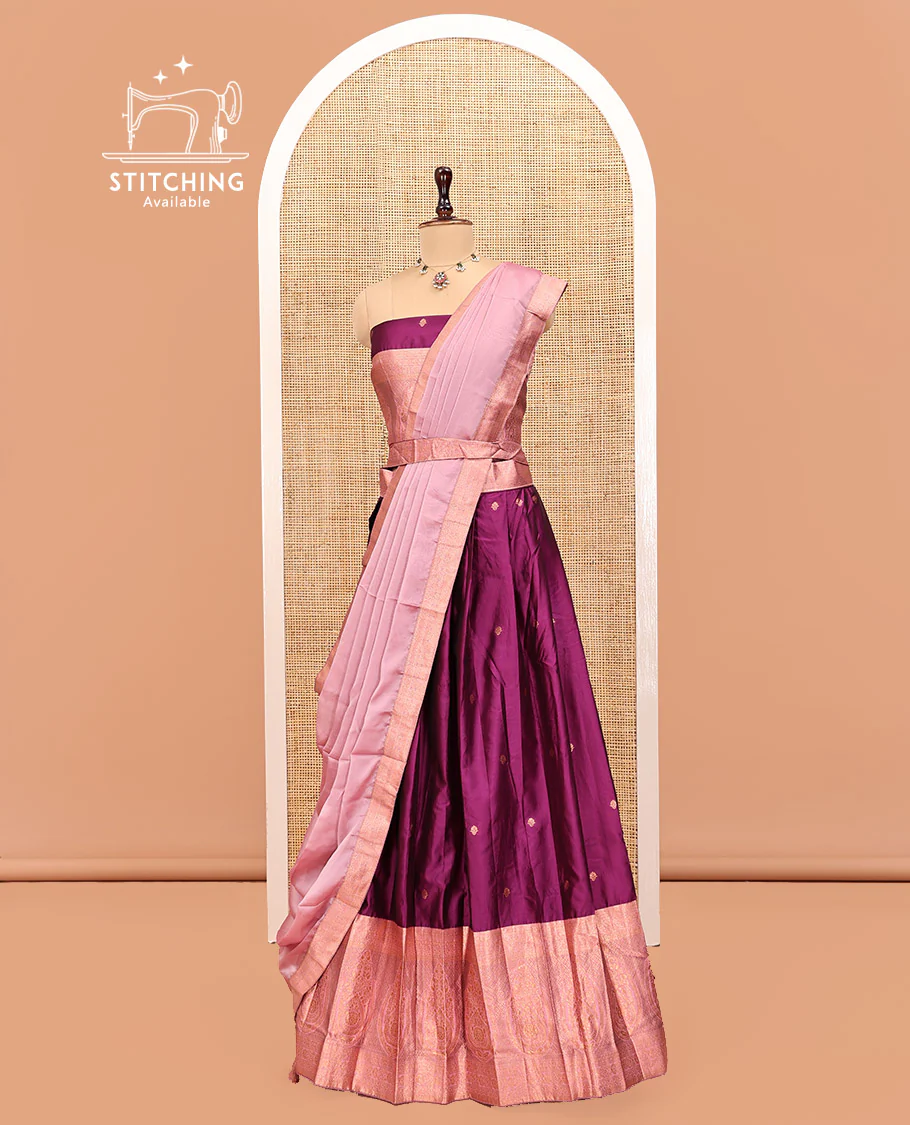 Purple Art Silk Half Saree Features Buttas Skirt, Complemented by Contrast Traditional Border, Matching Blouse, and a Plain Zari-Bordered Dhavani - Image 3