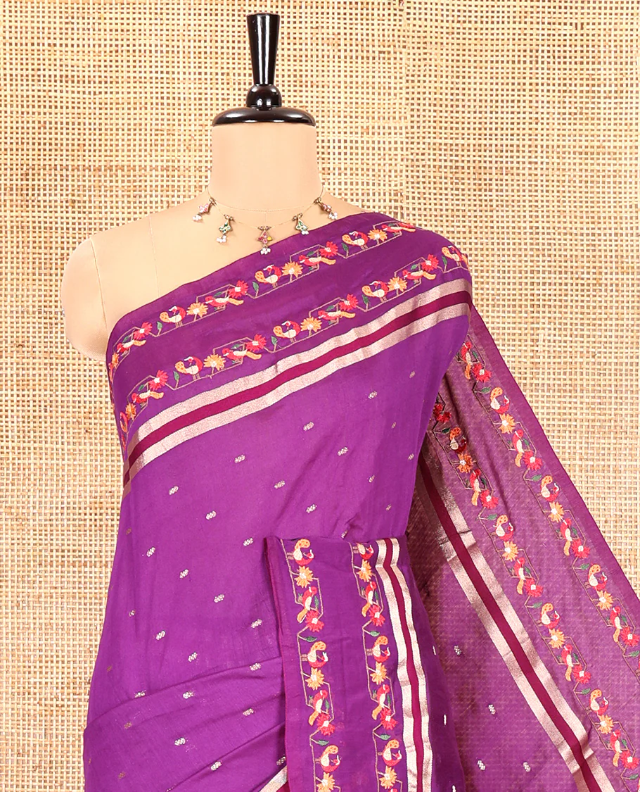 Purple Assam Silk Saree, Adorned with Buttas on Its Body, Highlighted by a Self-Border of Paithani-Style Floral-Bird Motifs, Zari Striped Pallu, and Paired with a Matching Blouse - Image 2