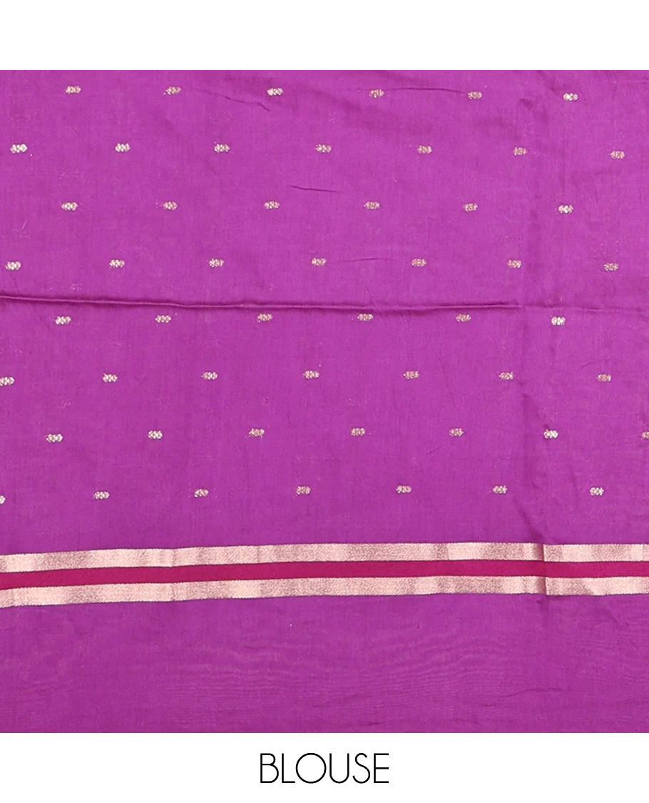 Purple Assam Silk Saree, Adorned with Buttas on Its Body, Highlighted by a Self-Border of Paithani-Style Floral-Bird Motifs, Zari Striped Pallu, and Paired with a Matching Blouse - Image 3