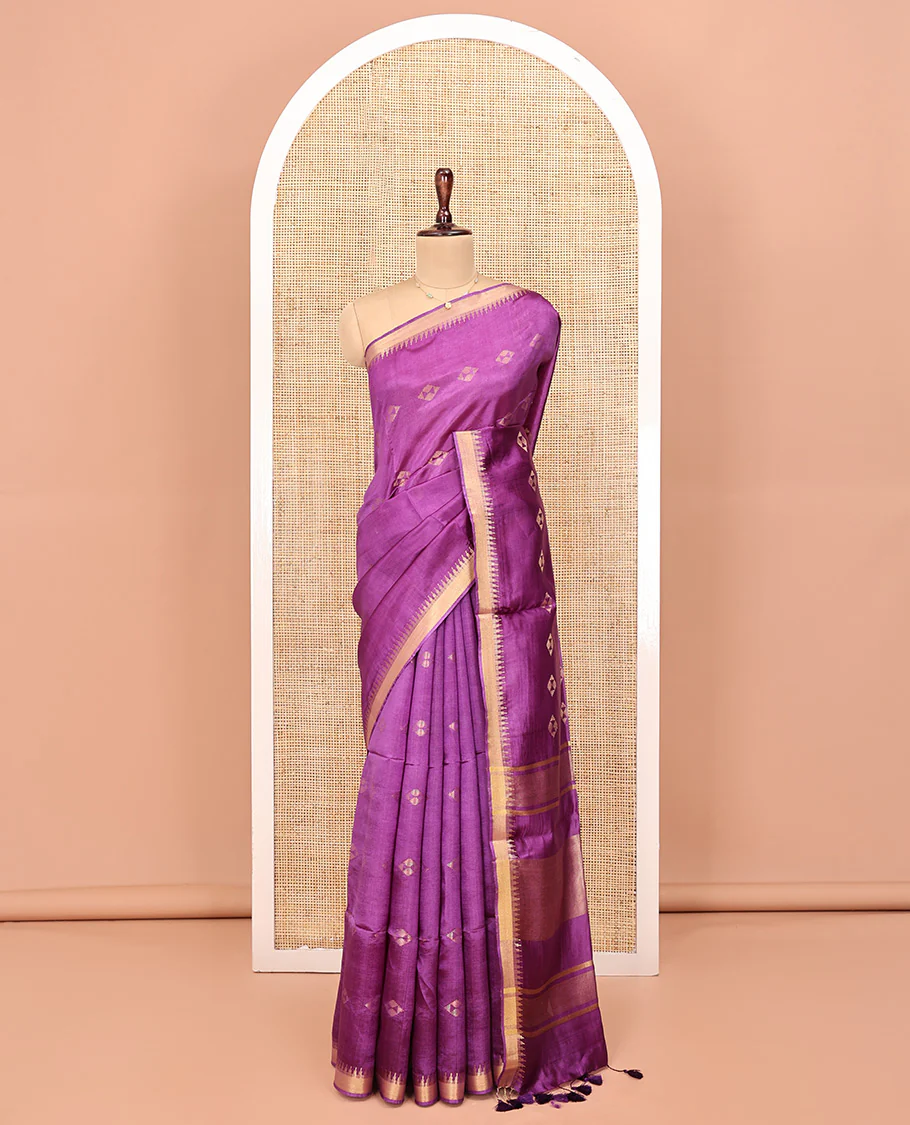 Purple Banana Pith Saree, Adorned with Zari Buttas All Over Its Body, Highlighted by Temple Zari Border, Subtly Striped Pallu, and Paired with a Matching Blouse - Image 3