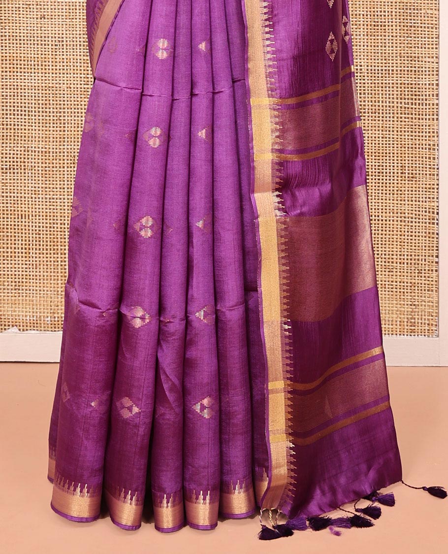 Purple Banana Pith Saree, Adorned with Zari Buttas All Over Its Body, Highlighted by Temple Zari Border, Subtly Striped Pallu, and Paired with a Matching Blouse - Image 4