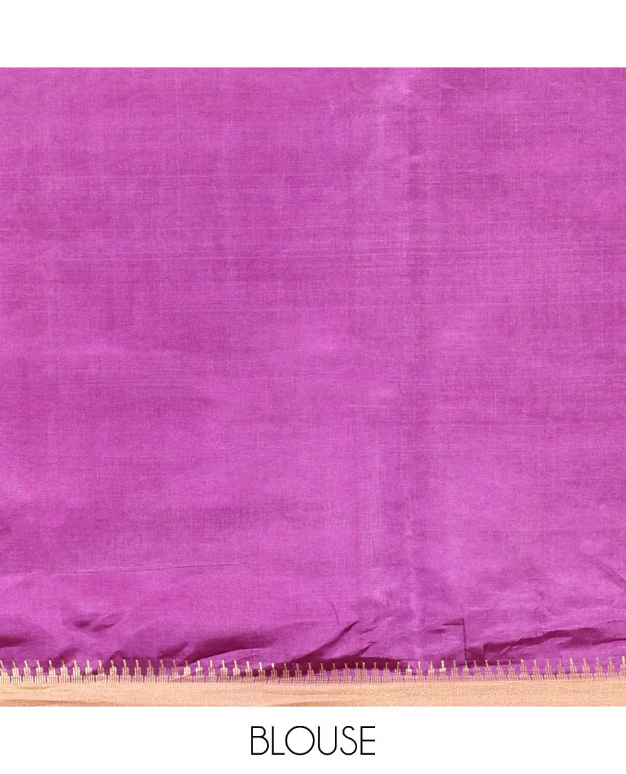 Purple Banana Pith Saree, Adorned with Zari Buttas All Over Its Body, Highlighted by Temple Zari Border, Subtly Striped Pallu, and Paired with a Matching Blouse - Image 5