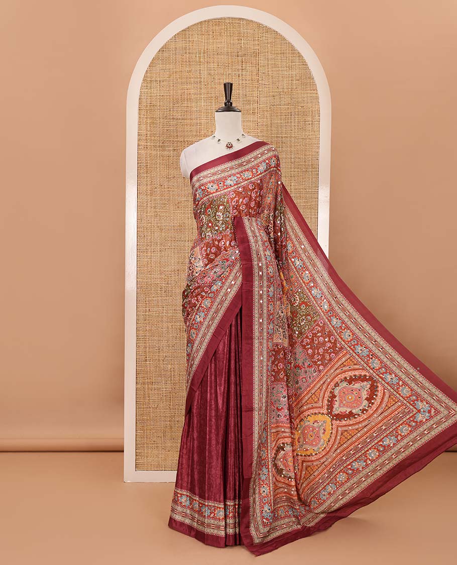 Purple-base floral-theme printed & real mirror work masakali saree, self-border, printed mirror work pallu & matching blouse