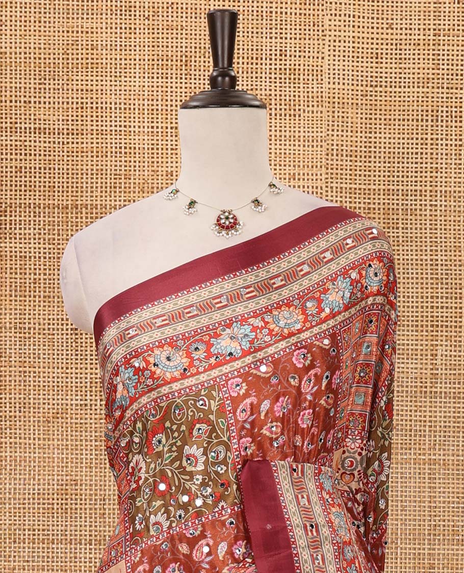 Purple-base floral-theme printed & real mirror work masakali saree, self-border, printed mirror work pallu & matching blouse - Image 3