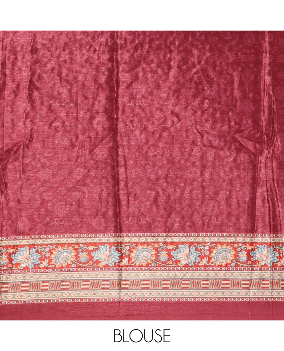 Purple-base floral-theme printed & real mirror work masakali saree, self-border, printed mirror work pallu & matching blouse - Image 4