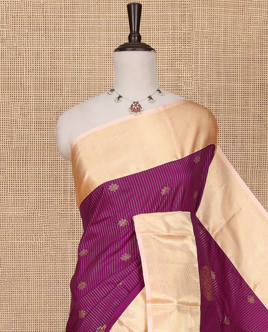 Purple Budget Silk Saree, Detailed with Zari Buttas, Stripes and Paisleys on Its Body, Complemented by a Contrast Traditional Zari Design Border, Opulently Embellished Pallu, and Paired with a Contrast Blouse - Image 2