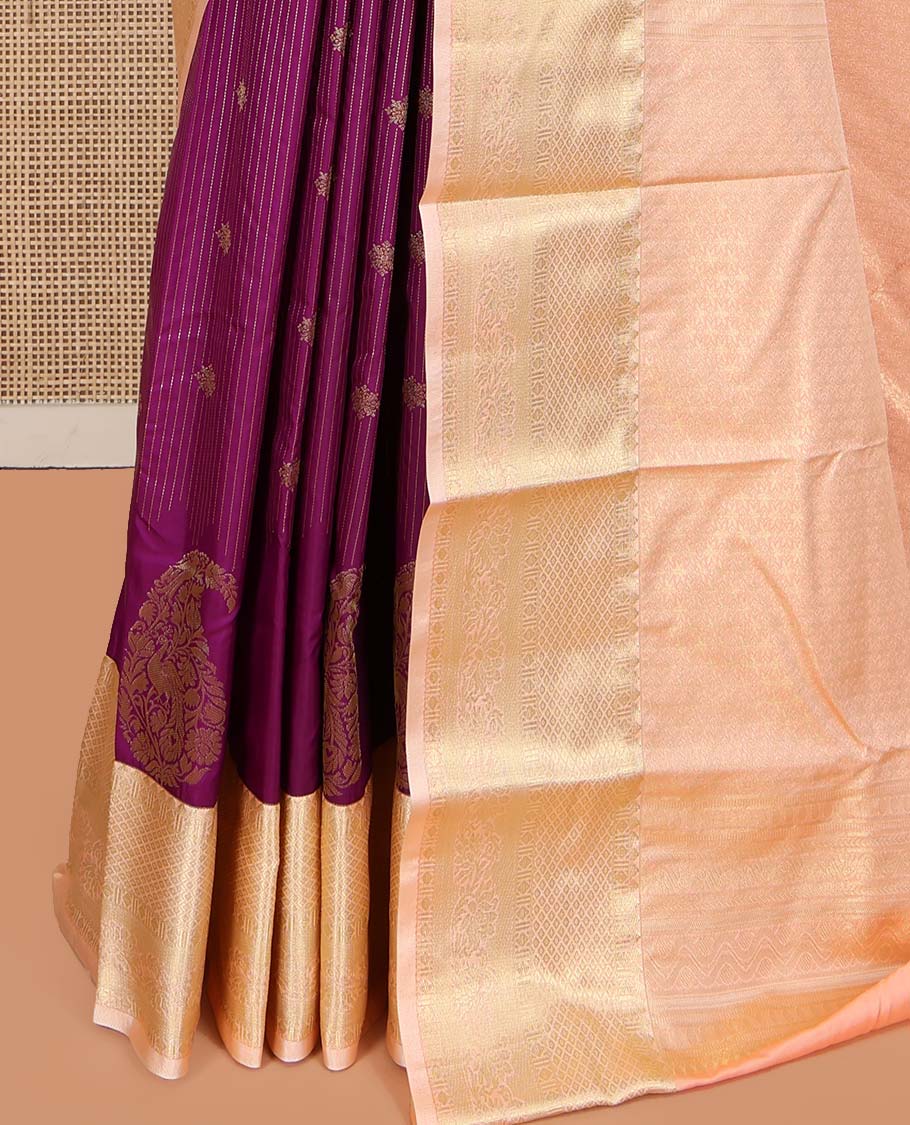 Purple Budget Silk Saree, Detailed with Zari Buttas, Stripes and Paisleys on Its Body, Complemented by a Contrast Traditional Zari Design Border, Opulently Embellished Pallu, and Paired with a Contrast Blouse - Image 3