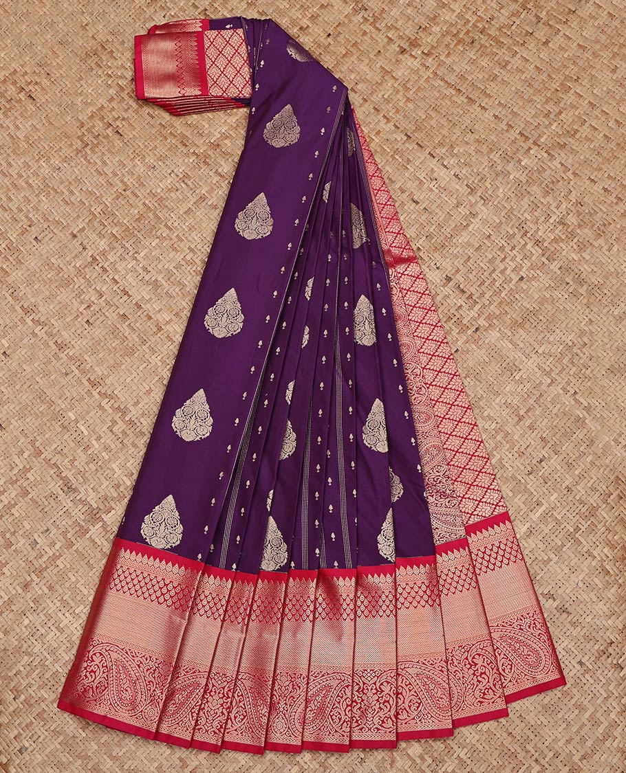 Purple Budget Silk Saree, Embellished with Zari Buttas on Its Body, Complemented by a Contrast Traditional Zari Design Border, Grand Jaal Pallu, and Paired with a Contrast Blouse - Image 2
