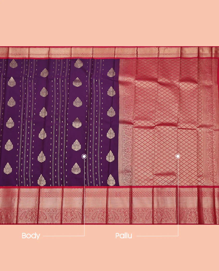 Purple Budget Silk Saree, Embellished with Zari Buttas on Its Body, Complemented by a Contrast Traditional Zari Design Border, Grand Jaal Pallu, and Paired with a Contrast Blouse - Image 3