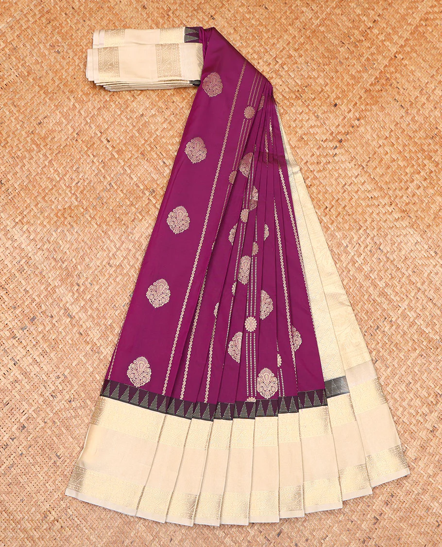 Purple Budget Silk Saree, Enlivened with Zari Buttas on Its Body, Complemented by a Contrast Traditional Zari Design Rettai Pettu Border, Grand Jaal Pallu, and Paired with a Contrast Blouse - Image 2