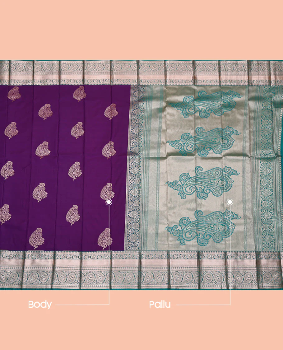 Purple Budget Silk Saree, Mesmerized with Zari Buttas, Complemented by a Contrast Traditional Zari Border, Pallu of Paisleys, and a Contrast Blouse - Image 3