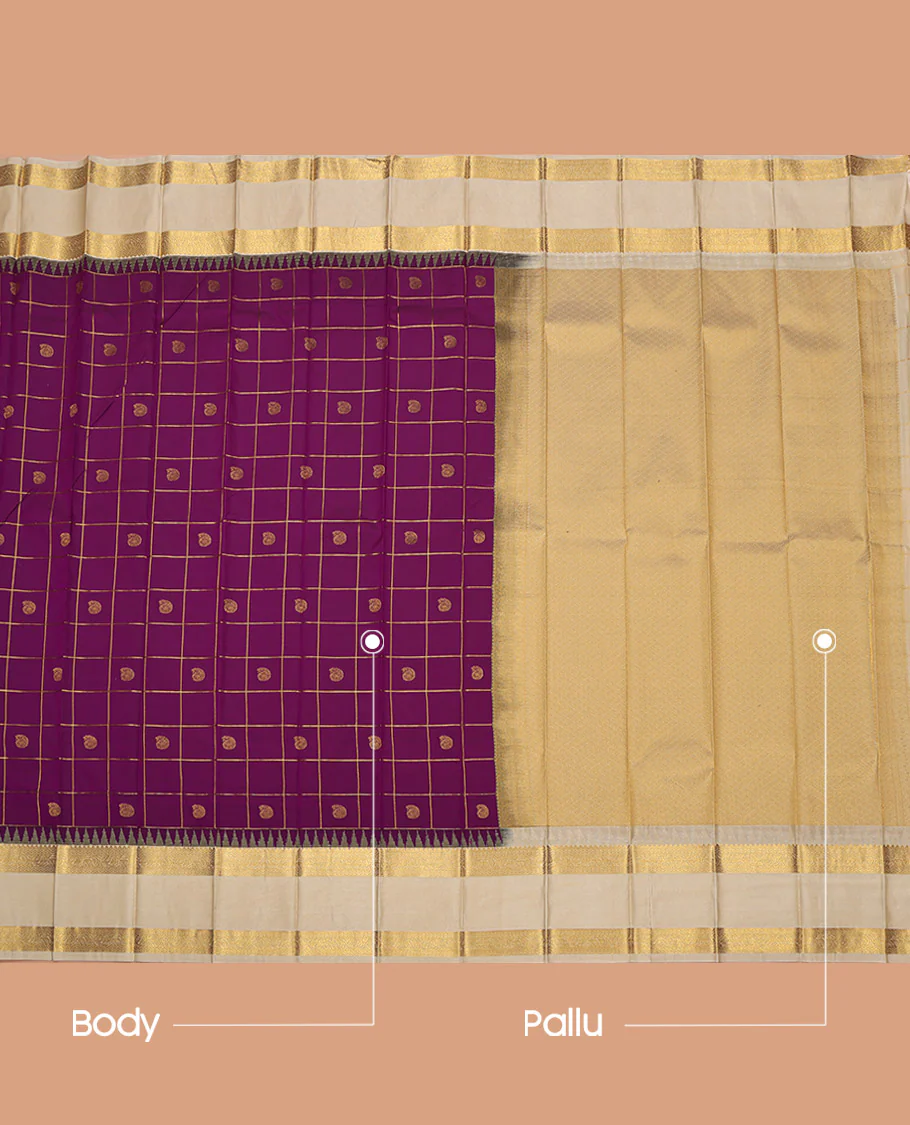 Purple Budget Silk Saree, Ornamented with Zari Butta Enclosed Checked Design on Its Body, Complemented by a Contrast Traditional Zari Design Rettai Pettu Border, Grand Pallu, and Paired with a Contrast Blouse - Image 3