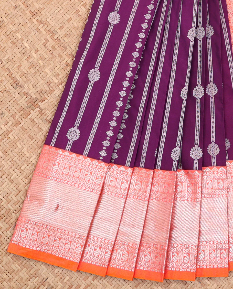 Purple Budget Silk Saree, Spotlighted with Zari Designs  All Over Its Body, Complemented by a Contrast Traditional Zari Design Border, Grand Pallu, and Paired with a Contrast Blouse