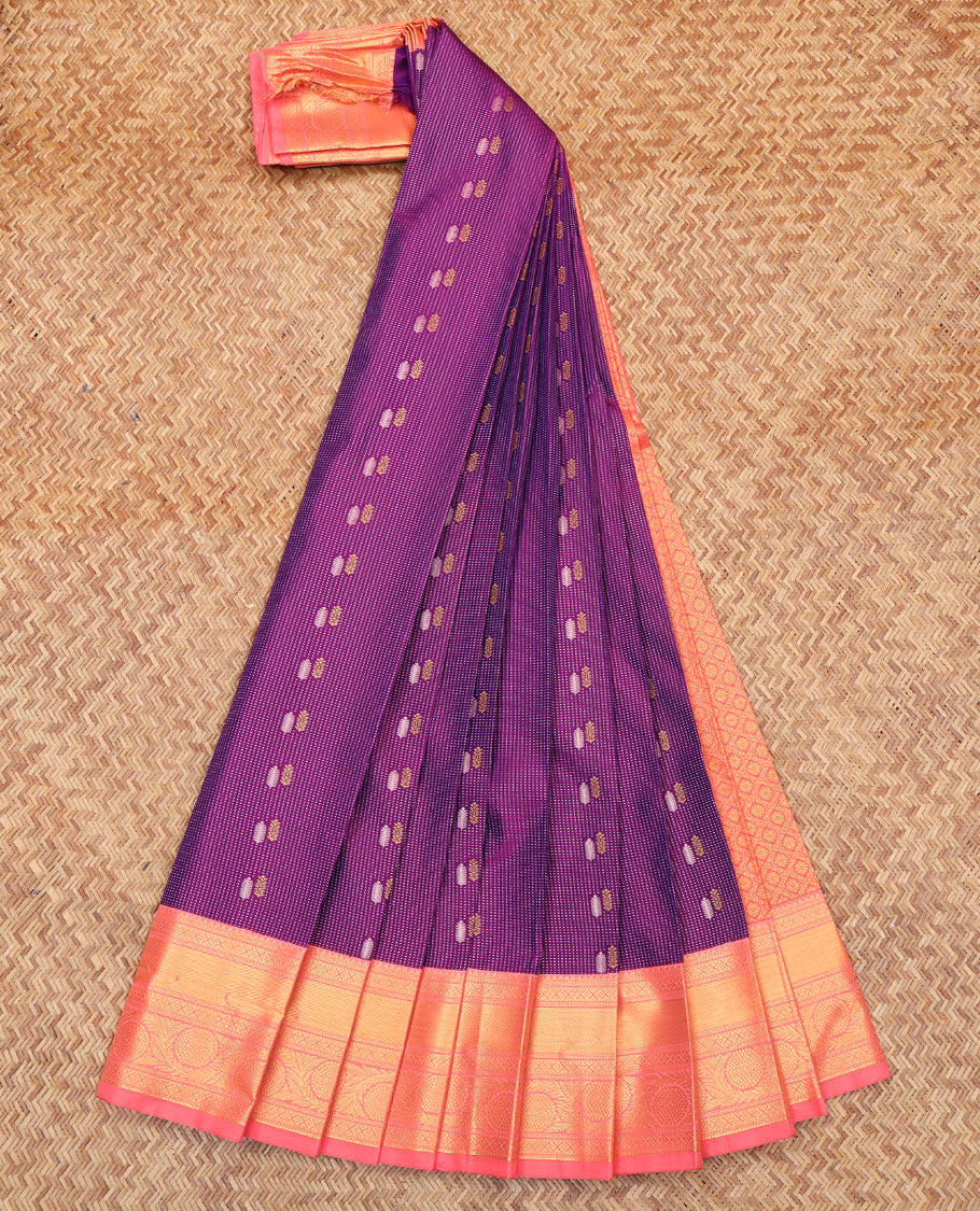 Purple Budget Silk Saree, Subtly Sparkled with Zari Buttas All Over Its Body, Complemented by a Contrast Traditional Zari Border, Grand Jaal Pallu, and Paired with a Contrast Blouse - Image 2