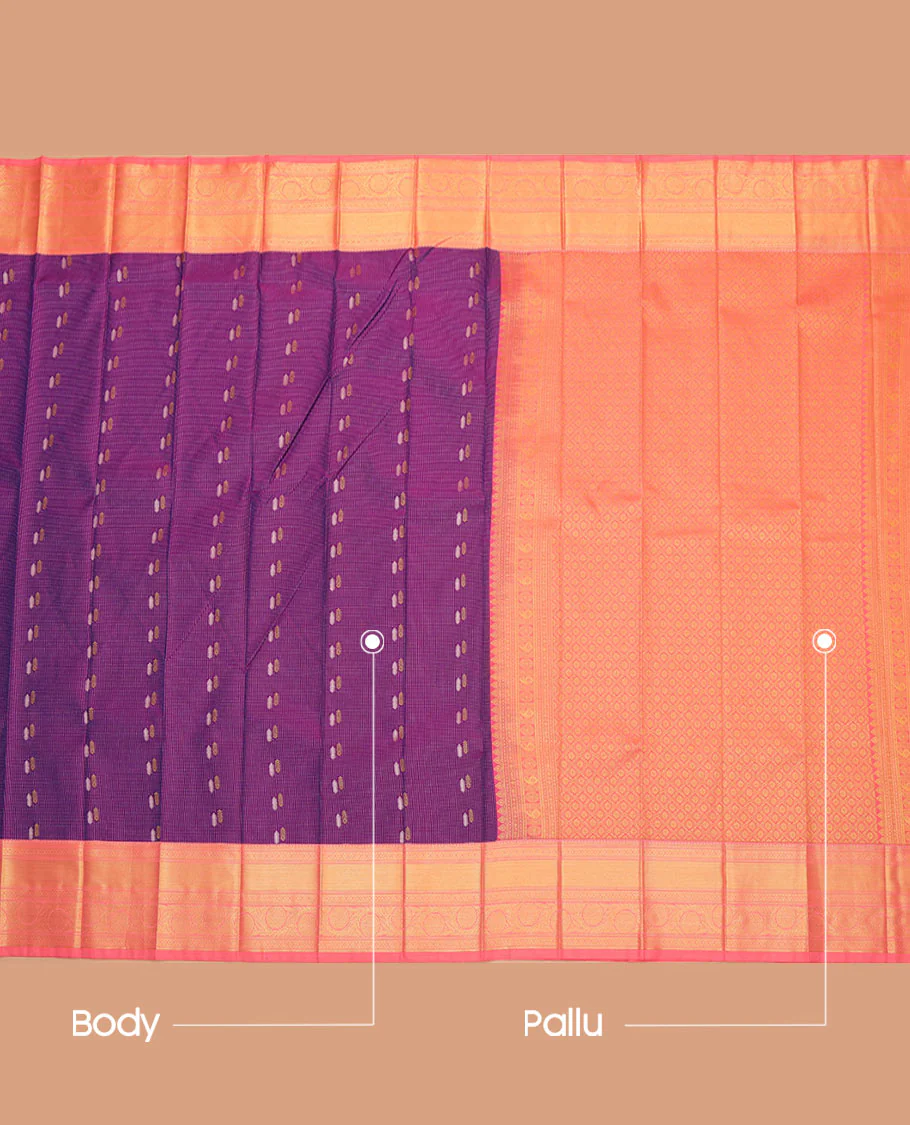 Purple Budget Silk Saree, Subtly Sparkled with Zari Buttas All Over Its Body, Complemented by a Contrast Traditional Zari Border, Grand Jaal Pallu, and Paired with a Contrast Blouse - Image 3
