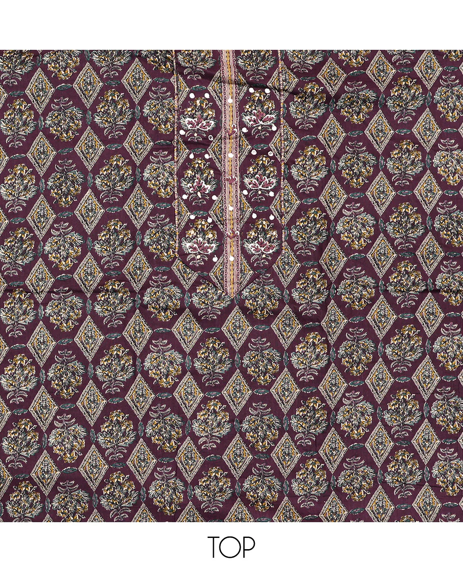 Purple Cotton Material Chudidar Set, Elevated with Intricate Motifs Print, and Embroidery on Its Cotton Top, a Geometric Printed Cotton Bottom, and Paired with Printed Cotton Dupatta - Image 2