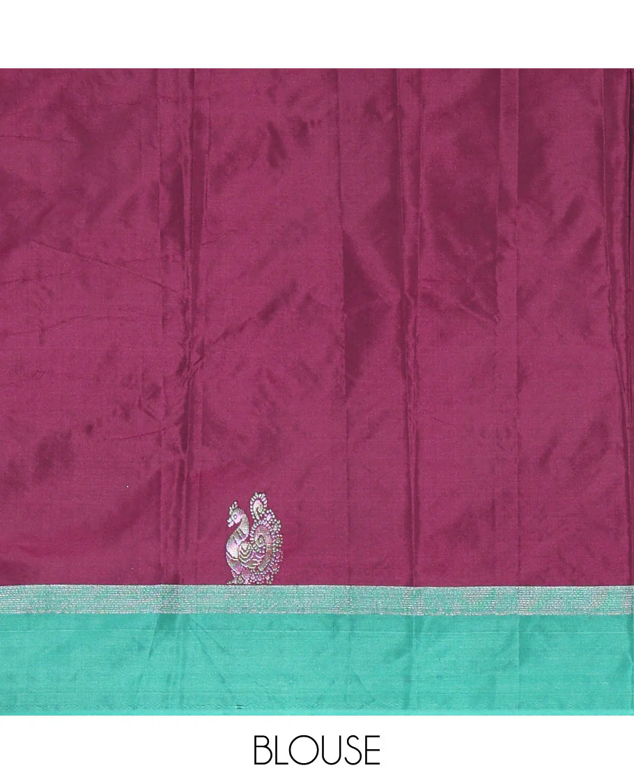 Purple dobby and peacock buttas semi-soft silk saree, contrast zari striped border, zari buttas pallu, and a matching blouse - Image 3