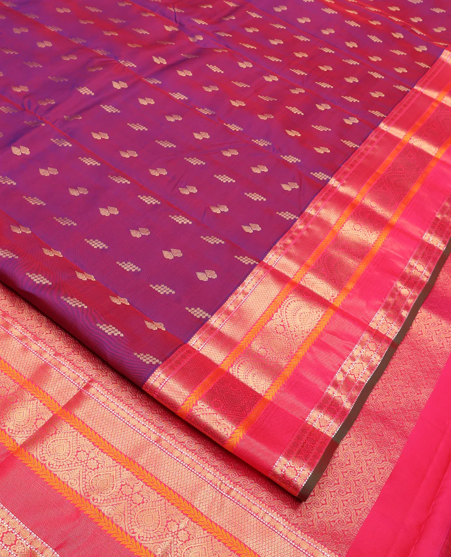 Purple Dual-Tone Vasundhara Lite Silk Mix Saree, Finely Crafted with Zari Buttas All Over Its Body, Complemented by Contrast Border of Rekku, Rudraksham, Muthu, Mayil kann,  Kathir, Jada Nagam Designs, Grand Pallu and Paired with a Contrast Blouse - Image 2
