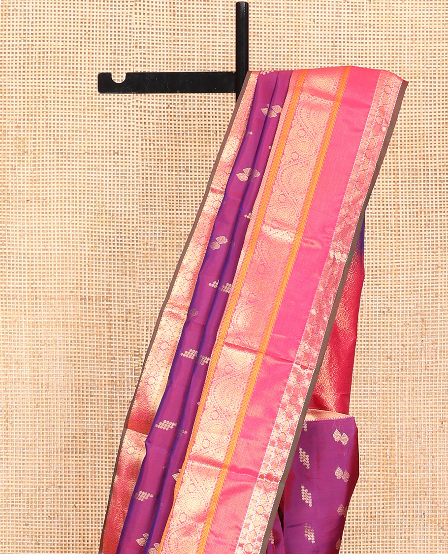 Purple Dual-Tone Vasundhara Lite Silk Mix Saree, Finely Crafted with Zari Buttas All Over Its Body, Complemented by Contrast Border of Rekku, Rudraksham, Muthu, Mayil kann,  Kathir, Jada Nagam Designs, Grand Pallu and Paired with a Contrast Blouse - Image 3