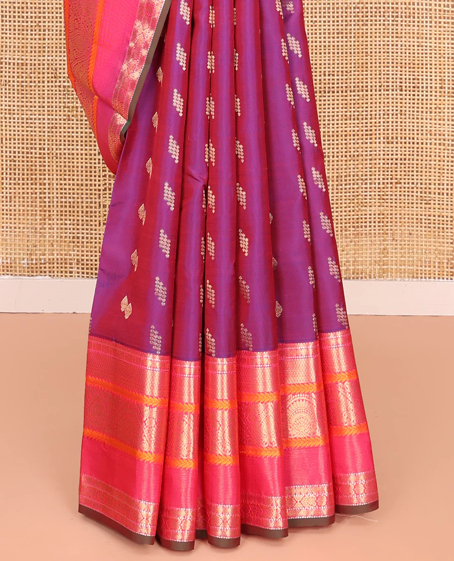 Purple Dual-Tone Vasundhara Lite Silk Mix Saree, Finely Crafted with Zari Buttas All Over Its Body, Complemented by Contrast Border of Rekku, Rudraksham, Muthu, Mayil kann,  Kathir, Jada Nagam Designs, Grand Pallu and Paired with a Contrast Blouse - Image 4