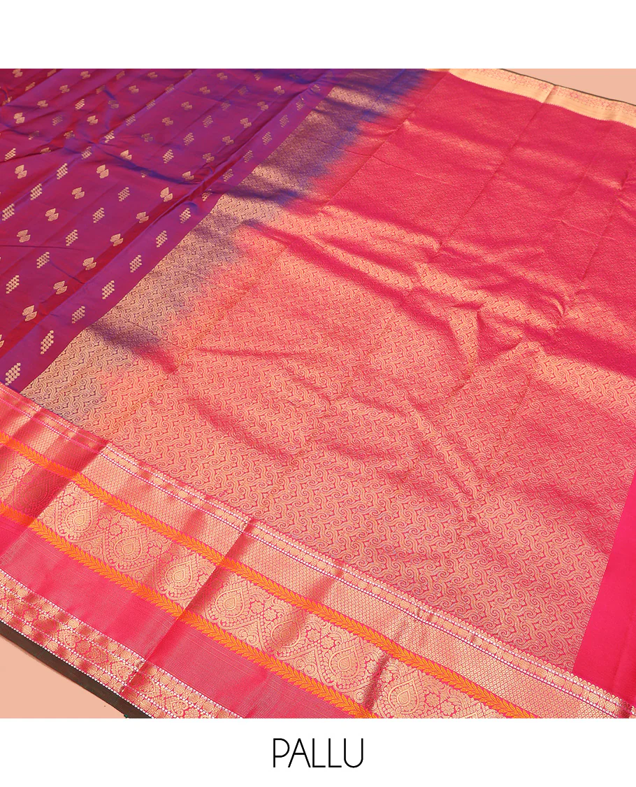 Purple Dual-Tone Vasundhara Lite Silk Mix Saree, Finely Crafted with Zari Buttas All Over Its Body, Complemented by Contrast Border of Rekku, Rudraksham, Muthu, Mayil kann,  Kathir, Jada Nagam Designs, Grand Pallu and Paired with a Contrast Blouse - Image 5