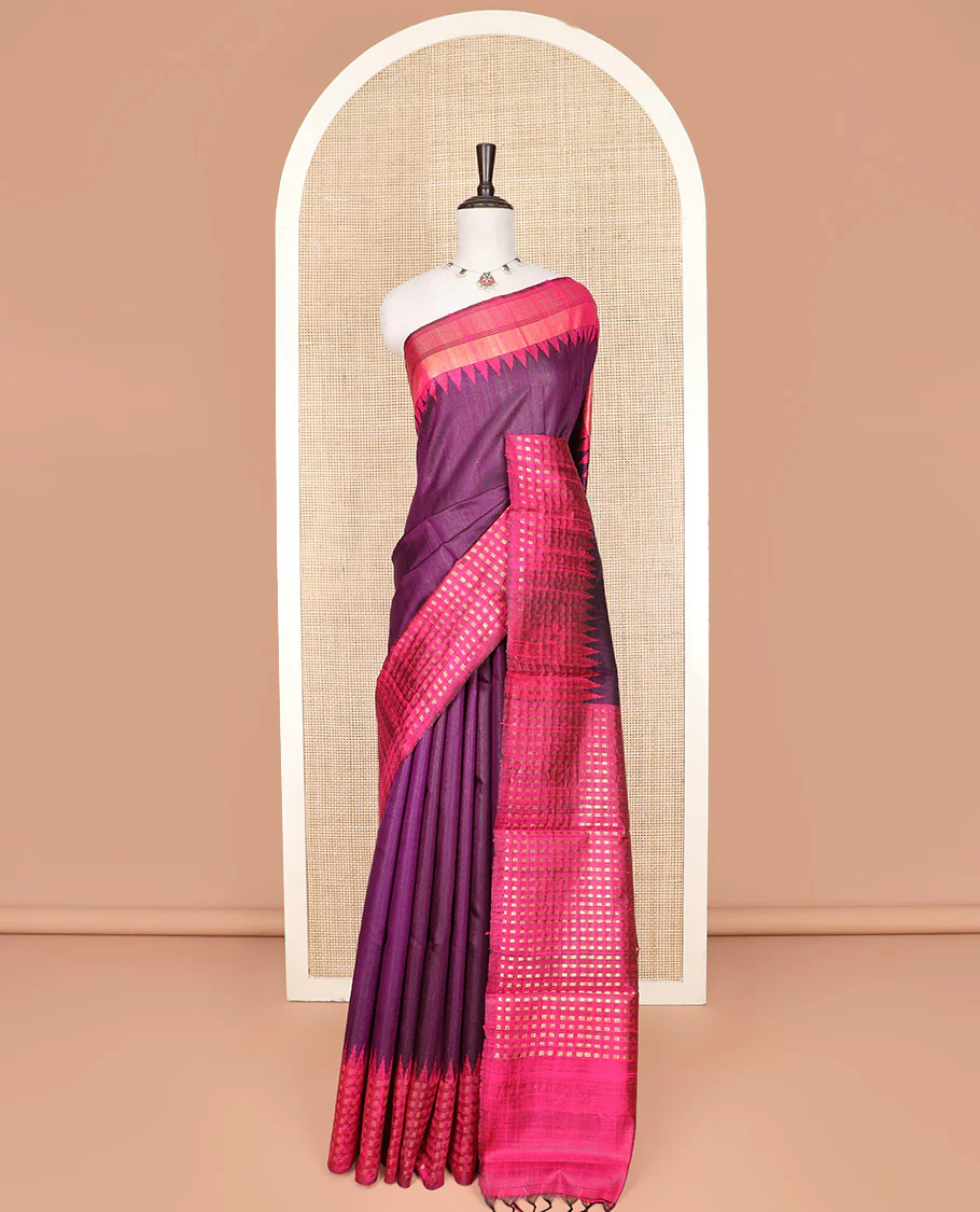 Purple Dupion Silk Saree, Complemented by Contrast Temple Border of Dobby-Style Buttas, Pallu Steeped with Dobby-Style Buttas, and Paired with a Contrast Blouse - Image 3
