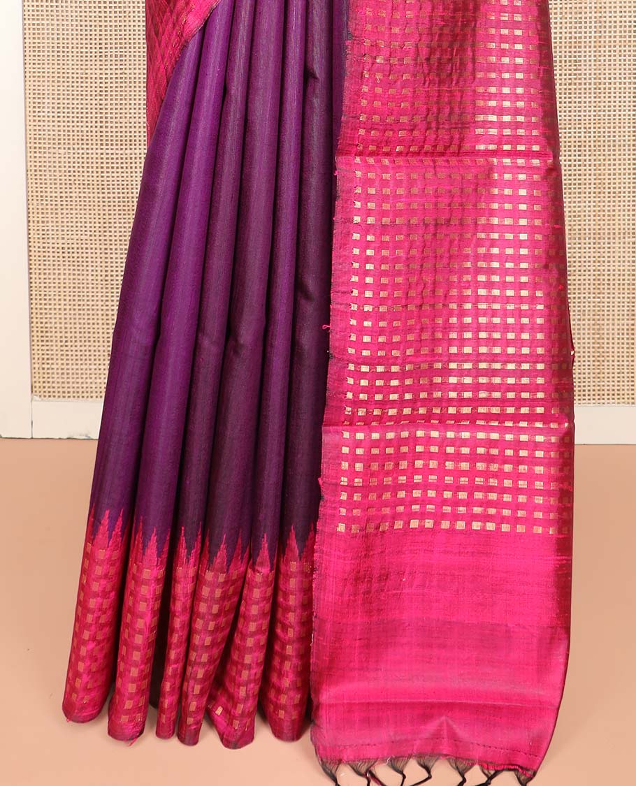 Purple Dupion Silk Saree, Complemented by Contrast Temple Border of Dobby-Style Buttas, Pallu Steeped with Dobby-Style Buttas, and Paired with a Contrast Blouse - Image 4