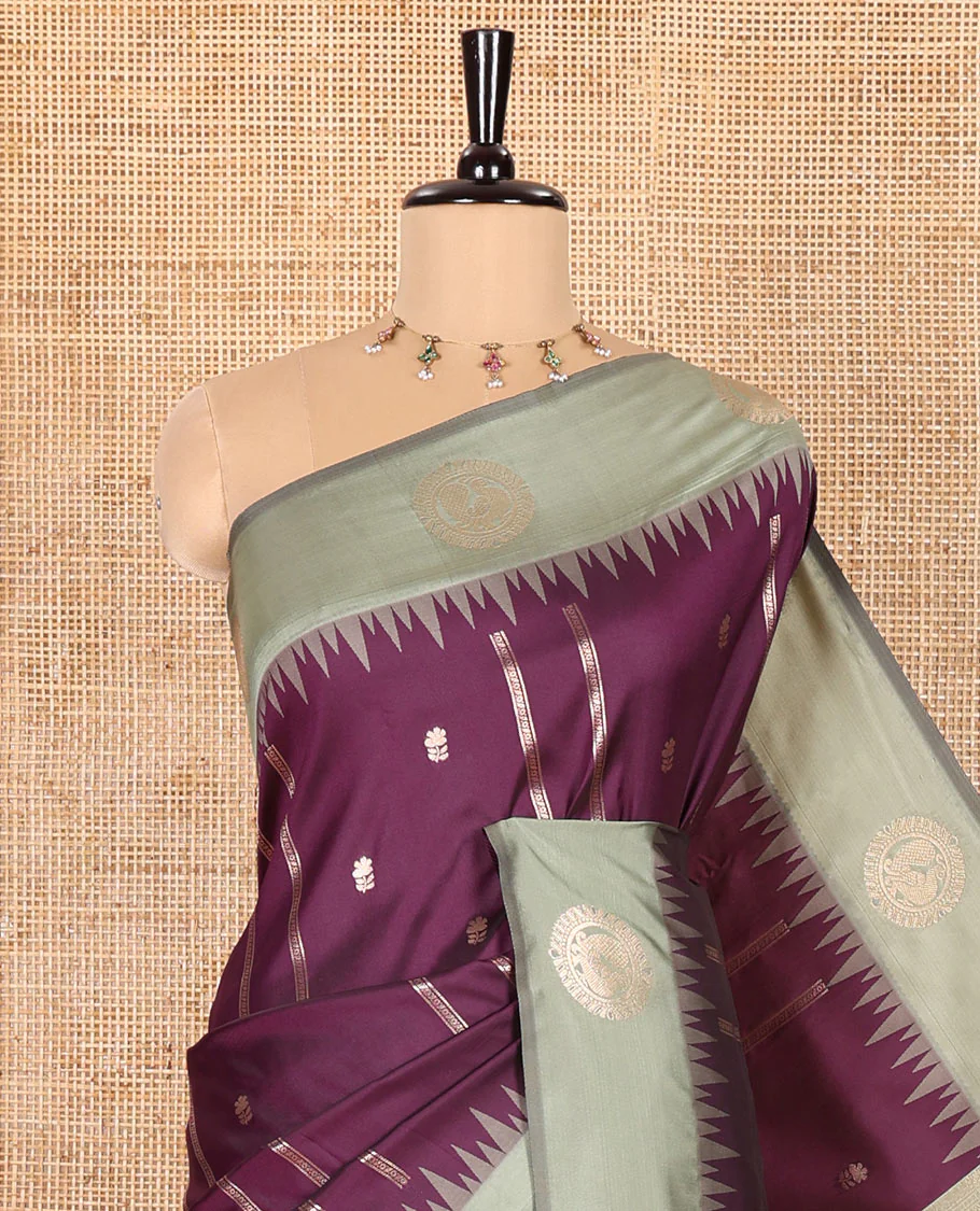 Purple Elite Soft Silk Saree, Elevated with Zari Buttas and Zari Stripes All Over Its Body, Complemented by a Contrast Temple Border of Round Peacock Designs, Rich Pallu of Peacock Chakram Butta Enclosed Checks, and Paired with a Contrast Blouse - Image 2